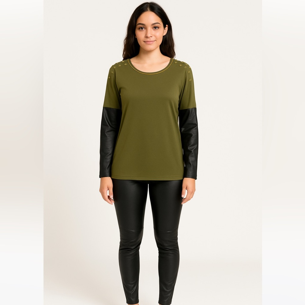 Stretchy Women’s Green Top w/ Gold Accents w/ Black Faux Leather